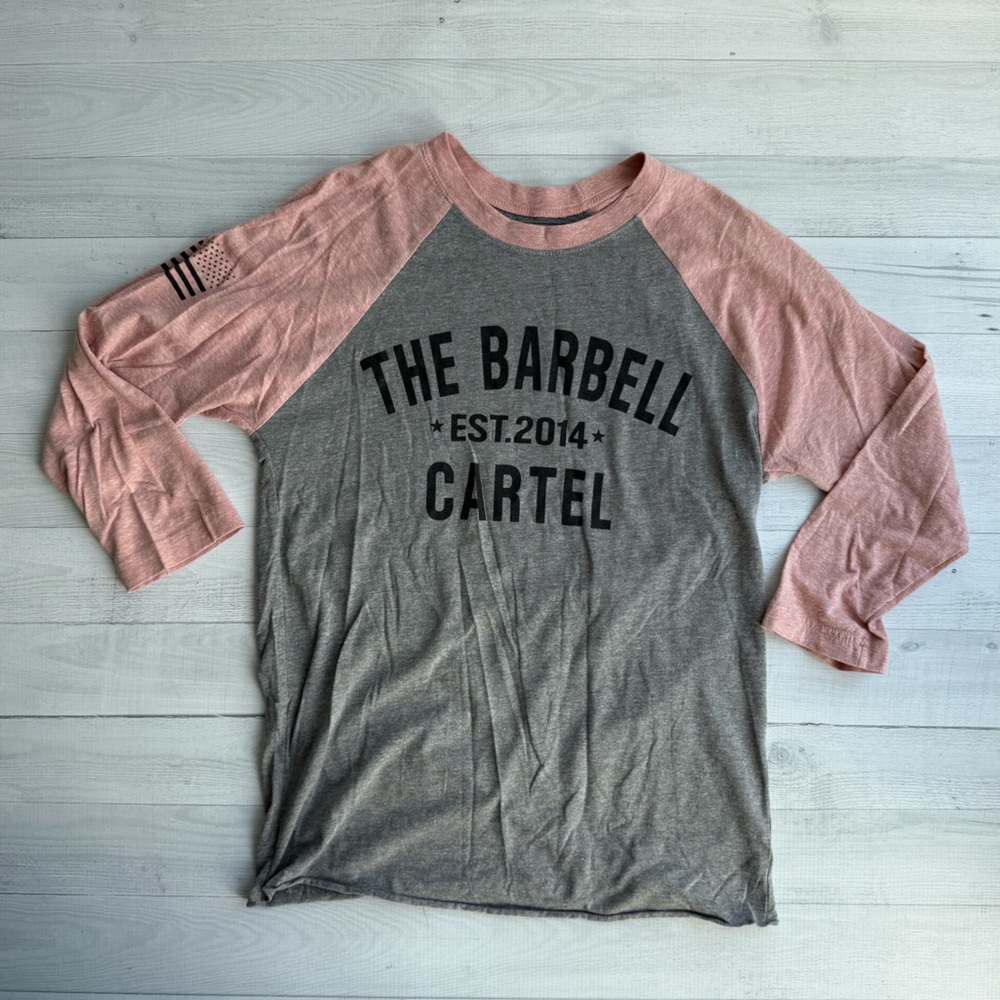 The Barbell Cartel Classic Logo Pink and Gray Baseball Tee Size S